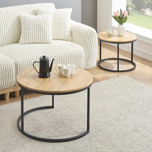 Couchtisch 2er Set, Moderne Couch Tisch mit Schwarz Metallgestell, Couchtisch Eiche, Couchtische Rund Schwarz, Living Room Table, Kaffeetisch, Wohnzimmertisch Holz 70x70x45 & 50x50x35 cm – Bild 6