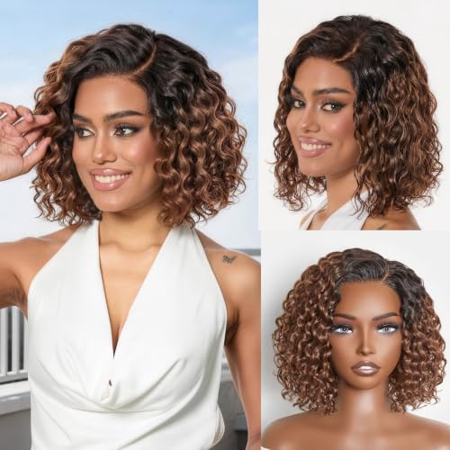 LUVME HAIR Water Wave Pixie Cut Short Curly Wigs Ombre Brown Color