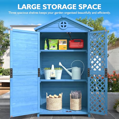 LANTRO JS Wooden Garden Shed, Small Garden Shed, Outdoor Storage with 3 Shelves, All Weather Resistant Tool House with Ventilation Slots for Backyard, Patio, Blue - Image 5
