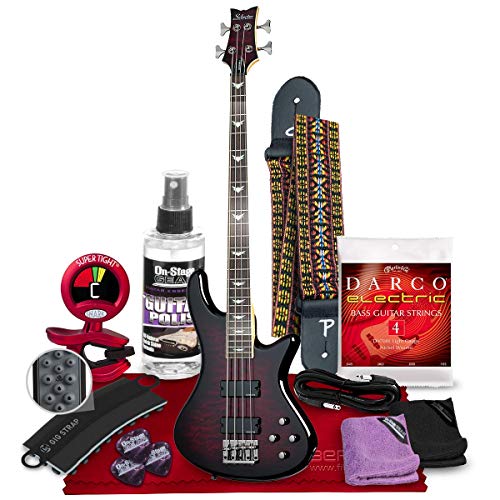 Schecter Stiletto Extreme-4 Bass Guitar (4 String, Black Cherry) With Guitar Strap, Tuner And Deluxe Accessory Bundle #TOP12
