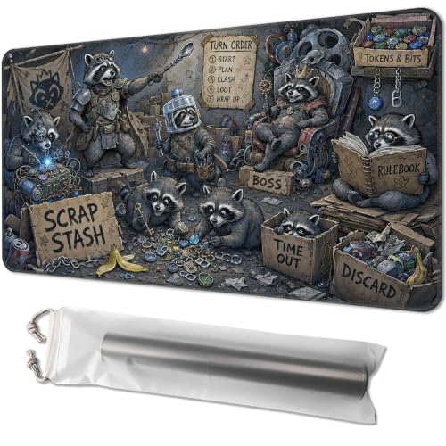 Playmat for MTG, 24 x 14 Inch Non-Slip TCG Mat, Raccoon Scrap Crew
