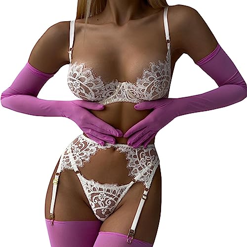 Lingerie érotique trois pièces en dentelle noire et dos nu sensuel