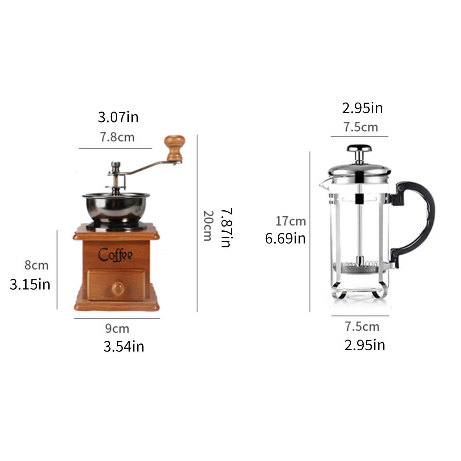 Juego de molinillos de café clásicos de madera y prensas francesas de vidrio con filtro de acero inoxidable 304 para amantes, molinillos ajustables de primera calidad con prensas francesas para una