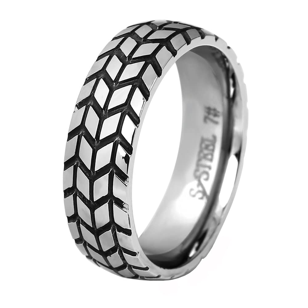 OAKKYMen's 6mm Stainless Steel Car Tire Tread Pattern Motorcycle Style Band Ring