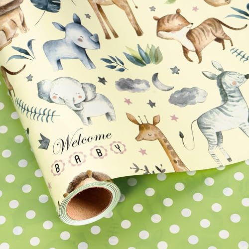 MAYPLUSS Jungle Animal Wrapping Paper Roll, Baby Shower Wrapping Paper for Neutral Baby, Cute Safari Gift Wrap with Elephant Giraffe Zebra Lion Design for Kids' Birthday, Party (17 In X 16.5 Ft)