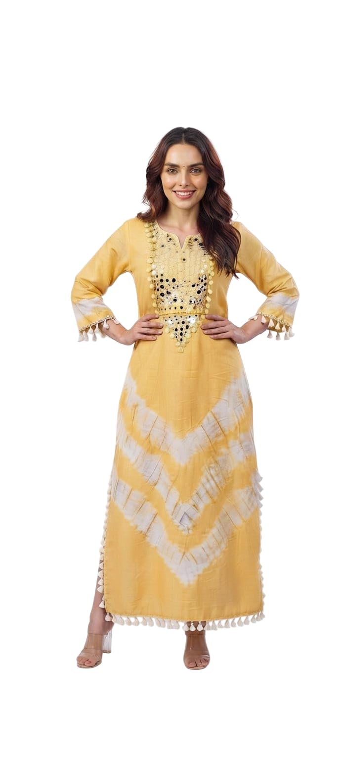 Kaftan Dress with Embroidery Mirror Work and Tassels-image-19