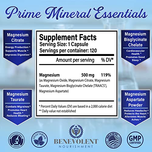 Magnesium Complex 500Mg - Magnesium Glycinate, Oxide, Taurate, Bisglycinate Chelate Traacs® Magnesium Citrate Max Absorption Supplement For Sleep, Leg Cramps, Headaches - 120 Vegan, Non-Gmo Capsules #TOP1