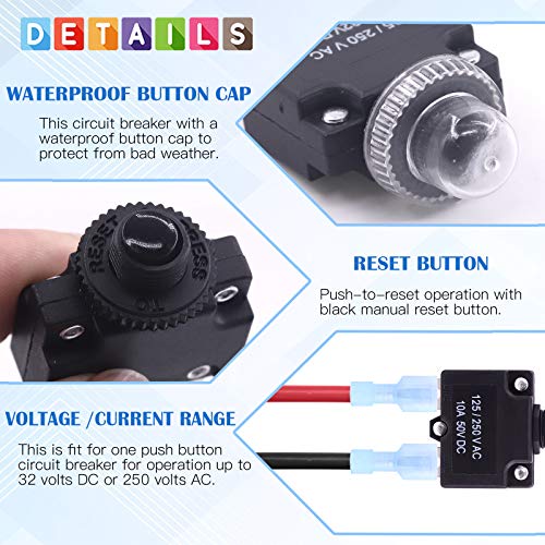 Glarks 30Pcs 5A 10A 15A 20A 30A Circuit Breakers Thermal Overload Protector Switch With Manual Reset 32Vdc, Ac125-250V With Quick Connect Female Spade Terminal And Waterproof Button Caps #TOP3
