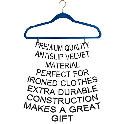 Premium Quality Velvet Hanger (Set of 50) - Ultra -Thin No Slip Velvet Suit Hangers - Swivel Rose Gold Hooks, Stronger Than Standard Velvet Hangers - Space Saving Valvet Hanger (50, Blue)