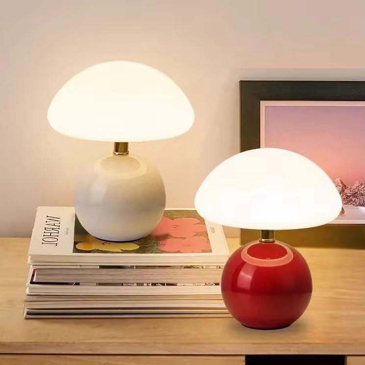 Image of Decorative Green Mushroom Desk Lamp|Minimalist Table Lamp- USB Rechargeable, 3 Colour LED, Dimmer Option for Bedroom, Study & Home Decor