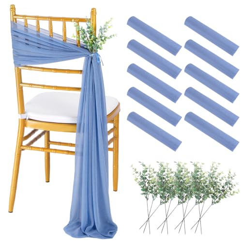 Dusty Blue Wedding Chair Sashes 10 Pcs Sheer Fabric with Artificial Leaves