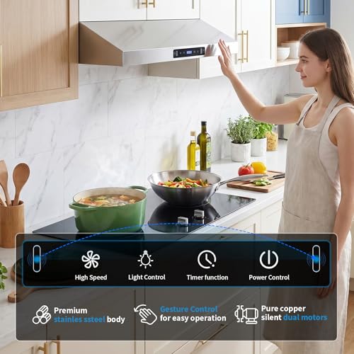 Image of 30 Inch Range Hood, 950 CFM Ducted Under Cabinet Vent Hood | Dual Motor, Stainless Steel, Low Noise Operation, 3-Speed Touch / Gesture Control