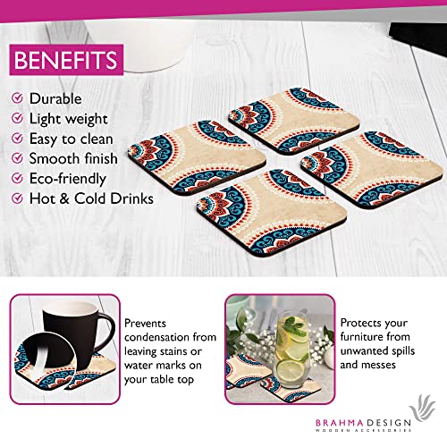 Image of Wooden Coaster Set with Gift Box | Mandala Vintage Design | Set of 4 Tabletop Square Coasters 3.75 inch x 3.75 inch | Kitchen Table Wooden Decorative Items | for Cups, Mugs, Cans, Glasses