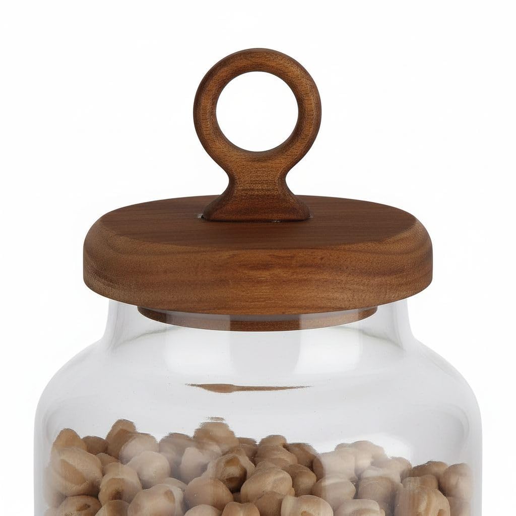 AmberHaus 3'lü Ring Serisi Akasya Kapaklı ve Tabanlı Borosilikat Cam Kavanoz Seti - 1100 ml Vakumlu Bakliyat ve Kurabiye Saklama Kabı (20x11.5 cm)