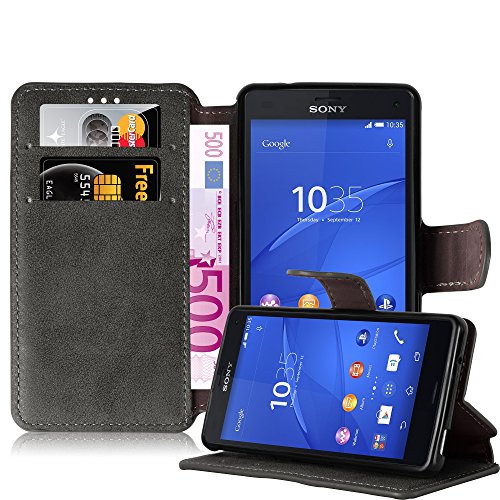 Cadorabo Funda para Sony Xperia Z3 Compact Funda de Cuero Sintético Retro en Gris Apagado – Cubierta Protectora Estilo Libro con Cierre Magnético, Tarjetero y Función de Suporte – Etui Case Cover