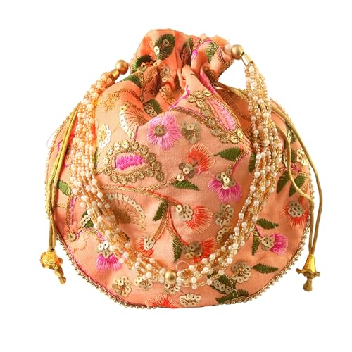 Image of Handcrafted Potli Purse with Golden Floral Embroidery and Pearl Accents