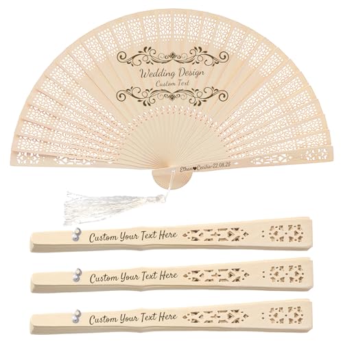 MBDFUT 50 PCS Personalized Folding Fans Handheld Wooden Hand Fan Custom Wedding Fans with Organza Bags Wedding Favors for Guests (50 PCS)