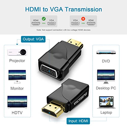VicTsing HDMI to VGA Adapter Converter Gold-Plated for PC, Laptop, DVD, Desktop and Other HDMI Input Devices - Black