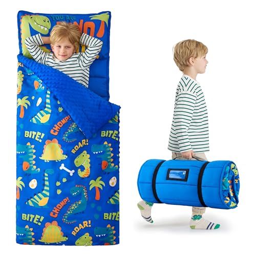 Image of JOIEDOMI Toddler Sleeping Bag for Kids 55''x30'' Nap Mat with Removable Pillow and Minky Blanket for Toddler Ages 3-7 Roll Up Soft Kids Sleeping Bag for Boys Girls Kindergarten Daycare Sleepover