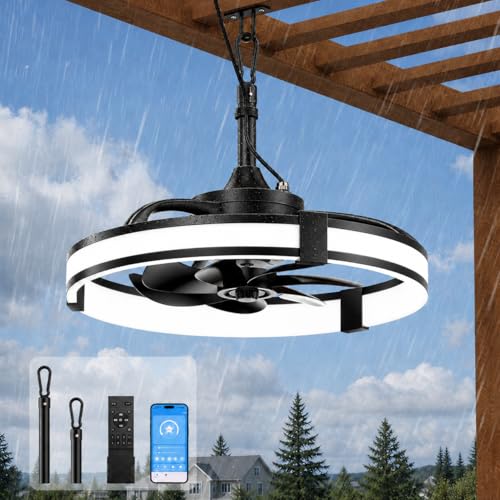 Ausic 20" Outdoor Ceiling Fan with Light, IP65 Waterproof Outdoor Gazebo Fan for Patios, Plug in Caged Hanging Fan with Remote Control Smart App 3CCT 6-Speeds for Garage, Porch, Deck, Pergola - image 1