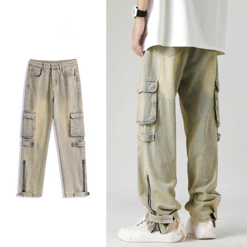 Xingfenly Korean Style Straight Gradient Jeans Men Big Pockets Wide-Leg Middle Waist Pants Male Trousers Size2