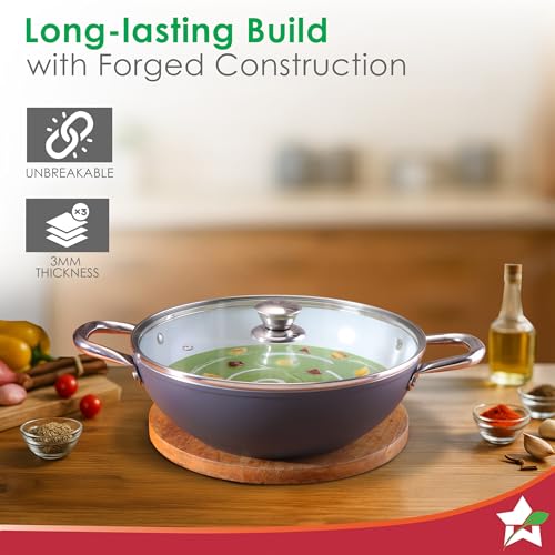 Image of Wonderchef Eco-Glide Kadhai with Glass Lid | | Chemical-Free Ceramic Coating | 24cm, 2.5L | Healthy, Low Oil Meals | Scratch-Resistant | Stainless-Steel Handle | Gas & Induction Compatible | Grey