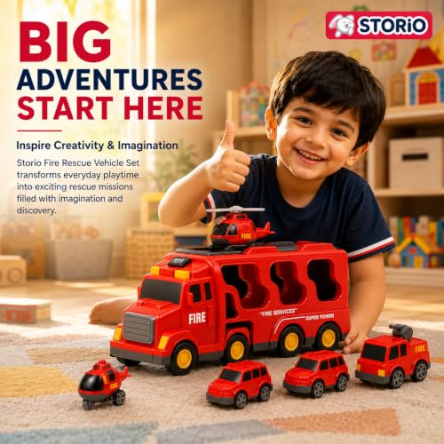 Image of Storio 5 in 1 Fire Truck Toy for Kids 3-5 Years Boys | Transport Carrier Fire Engine Vehicle Set with Ladder Truck Helicopter | Friction Powered Light Sound Montessori Toys for 3 4 5 6 7 Year Old