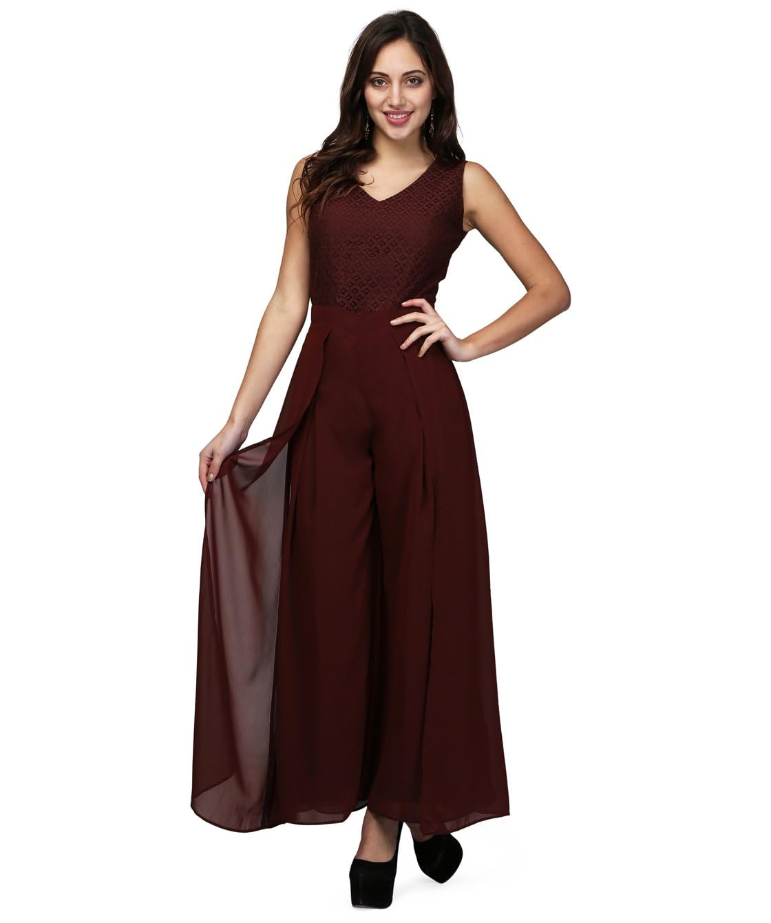 Women's Maroon Sleeveless Party Wear Jumpsuit | Stylish V-Neck One-Piece with Sheer Overlay & Flared Palazzo Bottom | Western Dress for Festive & Evening Wear