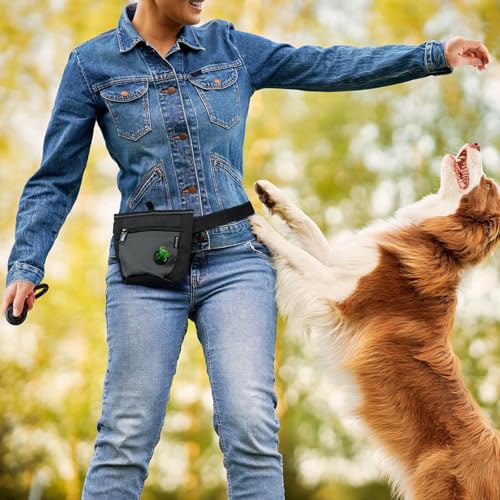 Gobeigo Hunde Leckerlibeutel und Training-Clicker, Zwei magnetische Verschlüsse gegen Verschütten, 2-Tassen Leckerlitasche mit Hundekotbeutel-Spender, Metall-Clip Gürteltasche für Hundespaziergang