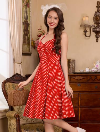 Image of 1950s Dresses for Women Vintage Retro Cocktail Party Swing Dresses Halter Floral Rockabilly 50s Polka Dot Pin up Dress