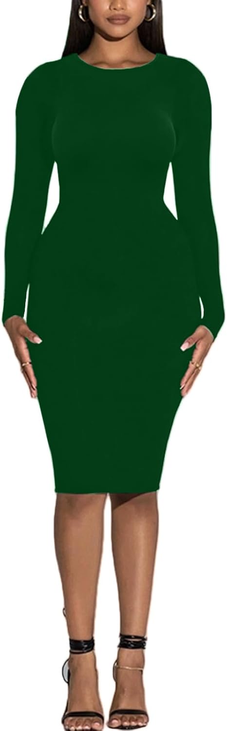 Women's Long Sleeve Bodycon Dress - Knee Length Midi Spring Fall Club Party Fitted Tight Pencil Dresses - Image 4