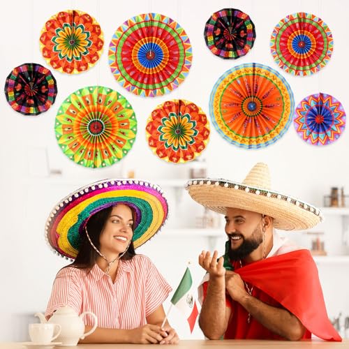 Image of Outus Mexican Fiesta Hanging Paper Fans Decorations | Fiesta Party Supplies Cinco De Mayo Ceiling Wall Decor for Taco Tuesday Event Decor Luau Event Photo Prop Carnival Supplies