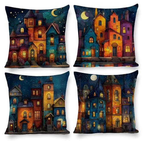 クッションカバー 50x50cm ビロード 装飾枕カバー 4枚セット 北欧 おしゃれ 可愛い インテリア アクセント 部屋飾り ソファ 椅子 車内 ベッド ソファー用クッションカバー 抱き枕カバー ソファ背当て 装飾枕カバー 座布団カバー (町の夜景) m