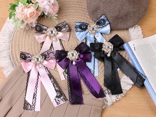 Image of Women's Black Lace Trimmed Ribbon Bowtie with Rhinestone Pre-tied Necktie