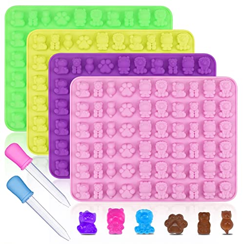 Image of 4 Pack Gummy Bear Candy Molds Silicone 60 Cavity Chocolate Gummy Molds with 2 Droppers Bear Lion Dog Cat Hippopotamus Dog Claw Minni 6 Animals Shape Silicone Molds for Baking Ice Cube