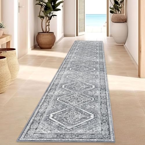 KUTA Oriental Washable Runner Rug, 2x12 Grey Runners for Hallways Non-Slip Kitchen Rugs Ultra Soft Printed Distressed Floor Carpet for Bedroom Living Room Nursery Playroom
