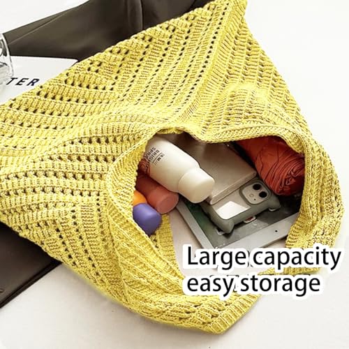 Image of Crochet Beach Tote Bag Summer Vacation Handbags Beach Bag for Women Cute Woven Shoulder Purses Mesh Knit Crochet Bag