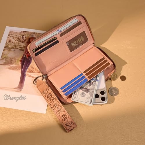 Image of Wrangler Wristlet Wallet, Women Clutch Purses RFID Blocking with Aztec Boho Western Wrist Strap, Wristlet Purse with Zipper Pocket Card Holder for Women Girls Casual Travel Daily, WG310-W006DPK