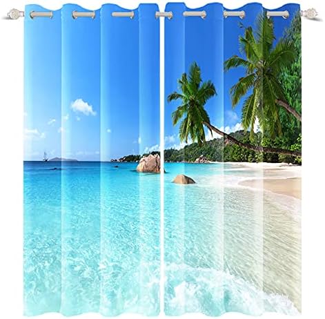 Renaiss Seaside Window Curtains Sunny Beach Ocean Waves Coconut Palm Window Treatments Blue Sky Seawater Blackout Drapes for Man Woman Bedroom Living Room Decoration Home Decor 53×84 Inches x 2 Panels