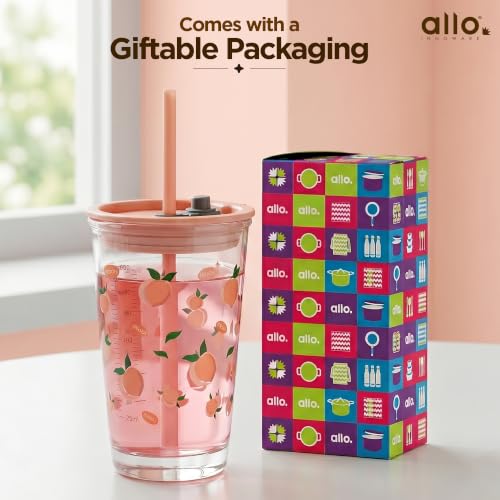 Image of Allo Reusable Glass Mug Sipper Tumbler with Straw, Unique 2 in 1 ANTI Spill Lid | Microwave Safe Leakproof Glass with Anti-Slip Grip for Hot & Cold Coffee| Car, Office, Travel use | 450ml (Pink Peach)
