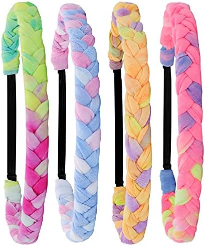 FROG SAC 4 Braided Headbands for Girls, Adjustable Rainbow Tie Dye Braid Head Bands for Kids, Stretch Elastic Cloth Fabric Hairbands Accessories for Women, Teen Easter Basket Fillers Stocking Stuffers
