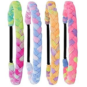 FROG SAC 4 Braided Headbands for Girls, Adjustable Rainbow Tie Dye Braid Head Bands for Kids, Stretch Elastic Cloth Fabric Hairbands Accessories for Women, Teen Easter Basket Fillers Stocking Stuffers