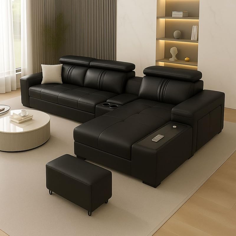 Image of Homax. Nimra Smart L-Shape 6-Seater Sectional Sofa Set with Console, Cup Holders, Charging Station & 2 Ottomans - Premium Leatherette Finish - Black Color Orientation LHS