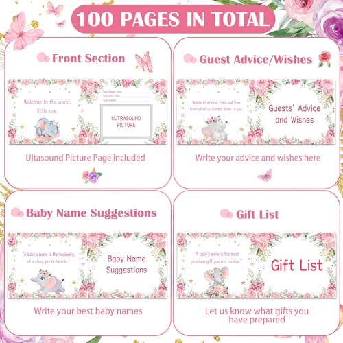 Image of Fuyoooo 27 Pcs Pink Elephant Baby Shower Guest Book Set Baby Shower Sign in Guest Elephant Book Place Table Cards with Gold Pen Adhesive Photo Corner for Birthday Party