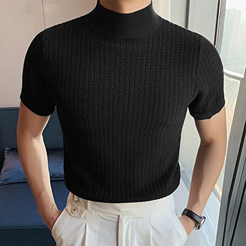 Camiseta de manga corta para hombre, con textura, informal, cuello alto, ajustada, elástica, de manga corta, ligera, cómoda, transpirable, manga corta, informal, parte superior, Negro , S