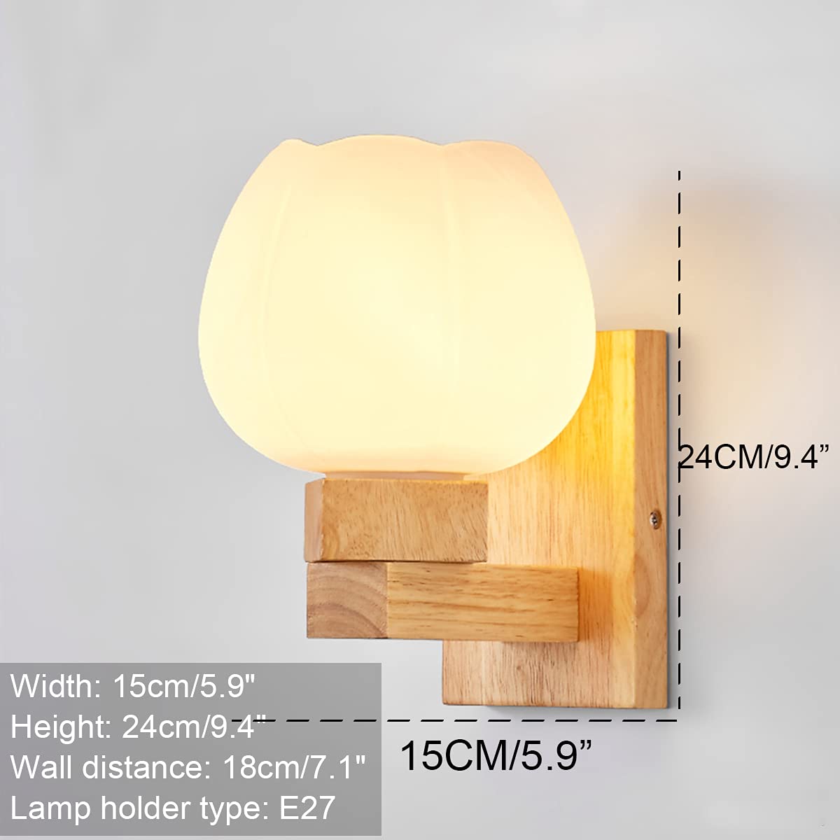 WXKAGF Drewniana lampa ścienna Sypialnia Nowoczesna lampa ścienna Drewniane lampki nocne z podstawą lampy E27, Kreatywny kinkiet ścienny w korytarzu Szklany klosz Oświetlenie wewnętrzne ściany Pokój