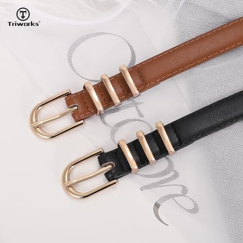 2 Pack Women Skinny Leather Belts for Jeans Pants Thin Faux Leather Belt with Gold Buckle3