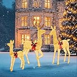 DUMOS 3-Piece Large Lighted Christmas Deer Family Set with 360 Bright LED Warm Lights Standing Reindeer, Lawn Decor, Indoor Outdoor Front Yard Holiday Decoration, Stakes, Zip Ties, Gold