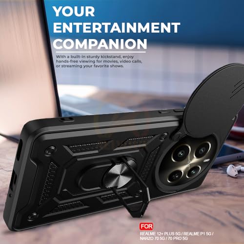 Image of Armor Bumper Back Cover Case for Realme 12 Plus / P1 5G / Narzo 70 /70 Pro Rotating Camera Cover, Ring Holder & Kickstand | Heavy Duty & 360 Degree Protection Back Cover (Black)
