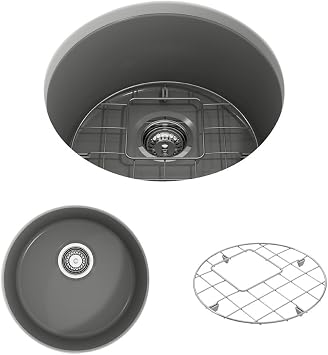BOCCHI Sotto Round Dual-Mount Fireclay 18.5 in. Single Bowl Bar Sink with Protective Bottom Grid and Strainer in Matte Gray